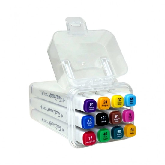 اقلام ماركر 12 لون راسين مائي رفيع وعريض علبة بلاستك